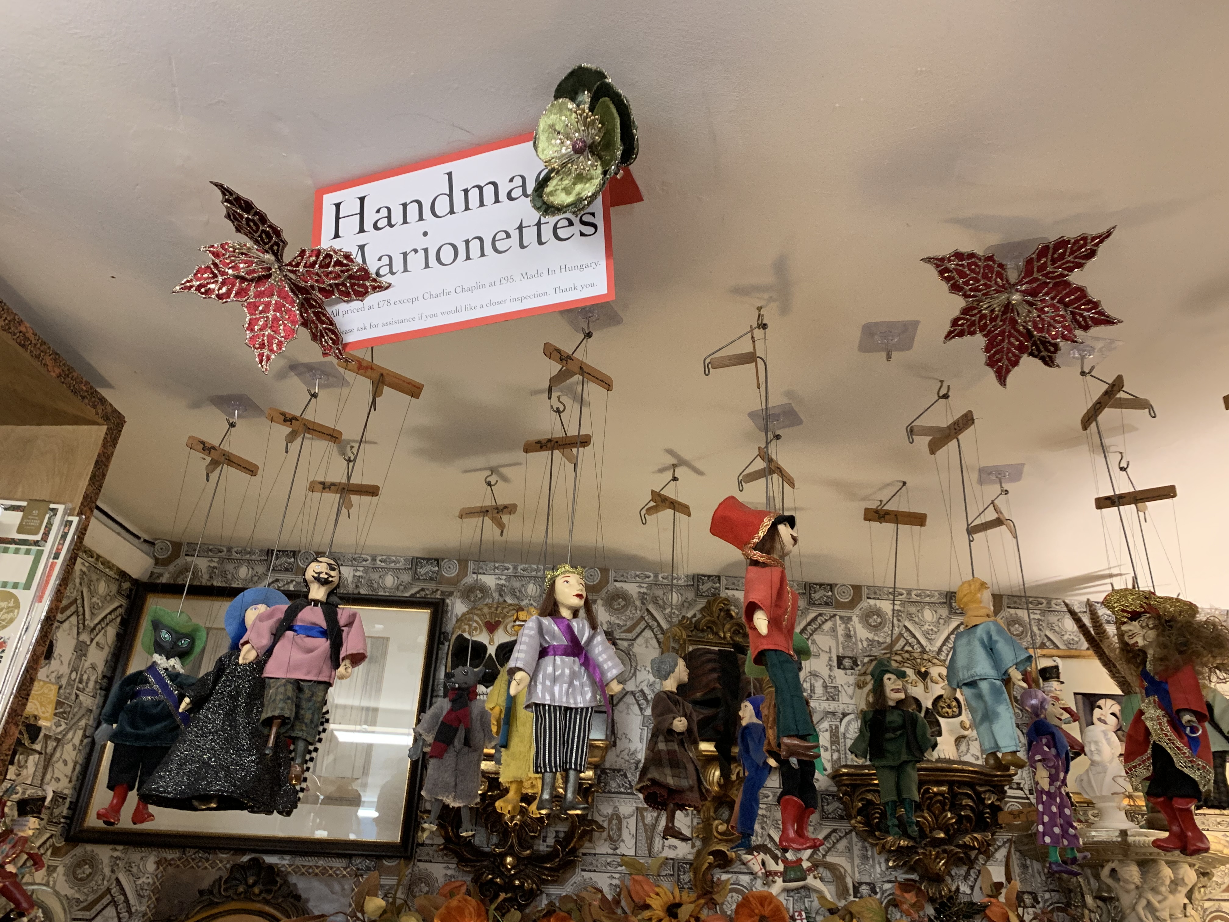 Marionettes for sale (hanging from the ceiling)